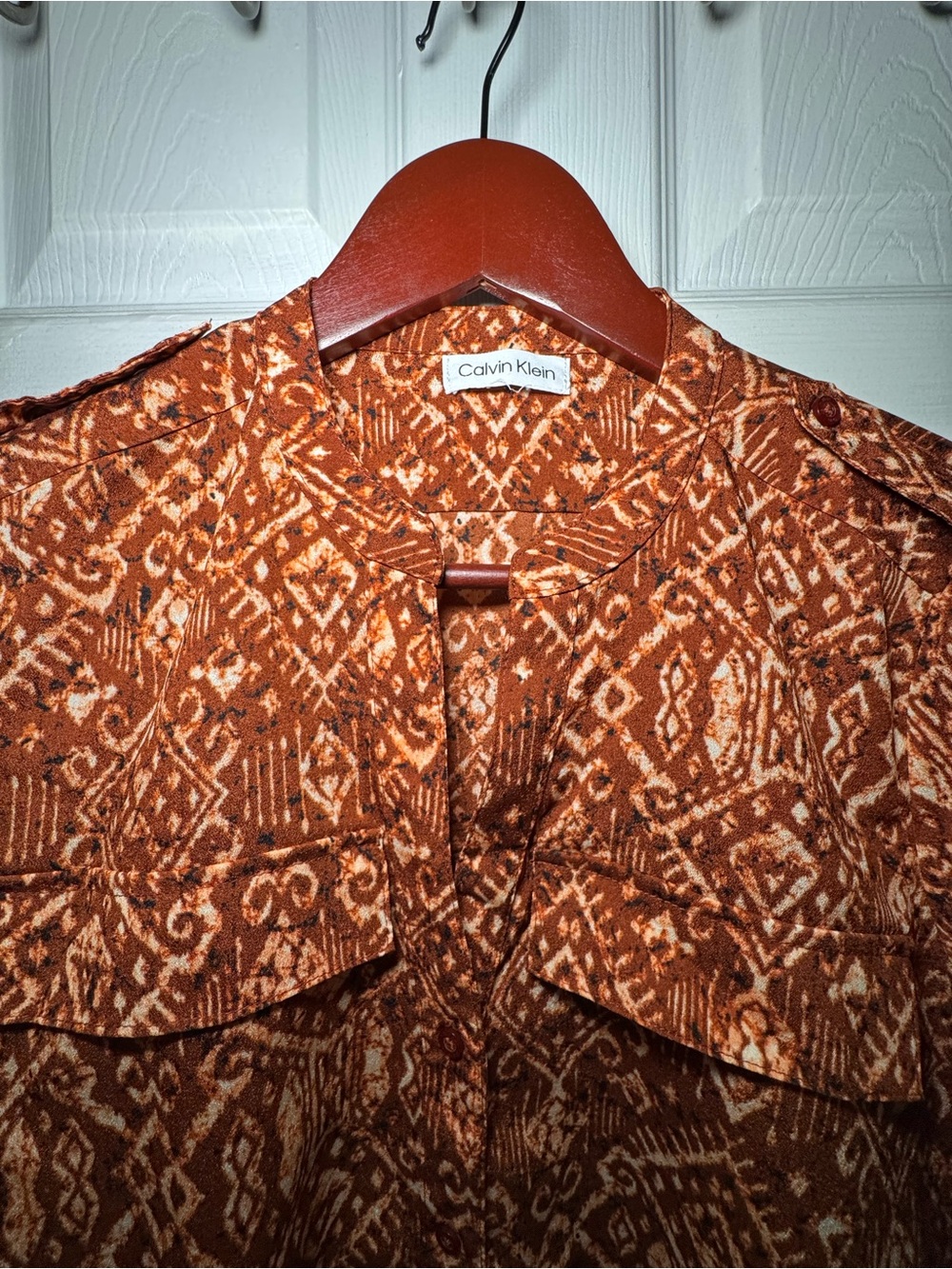 Calvin Klein Rust Patterned Button-Front Blouse - Picture 2 of 7